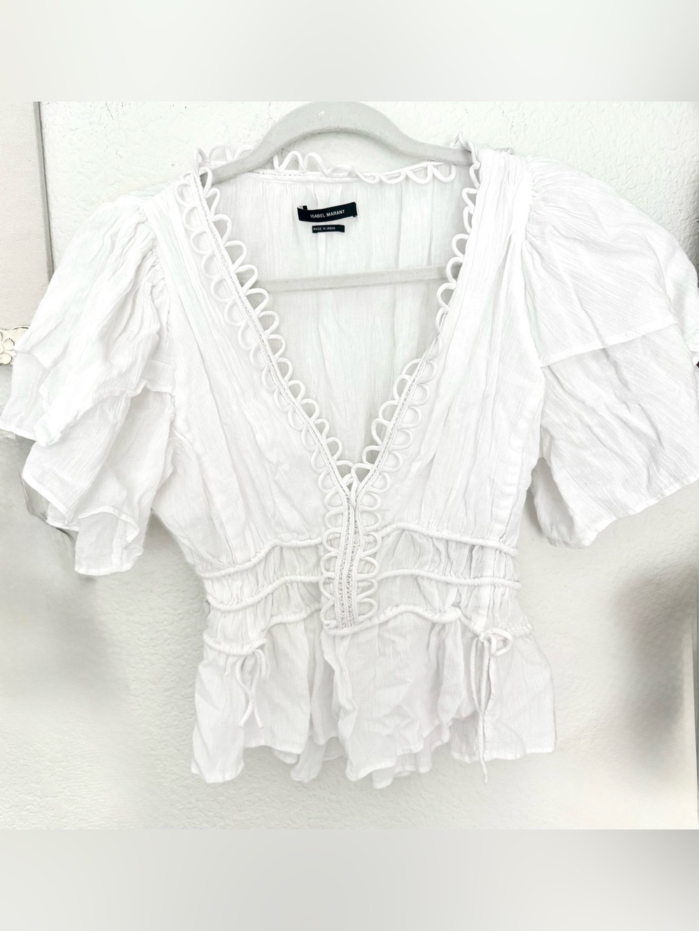 Isabel Marant Yemila Top Shirt Embroidered Ruched Cotton Flutter Sleeve Sz XS - Picture 4 of 9